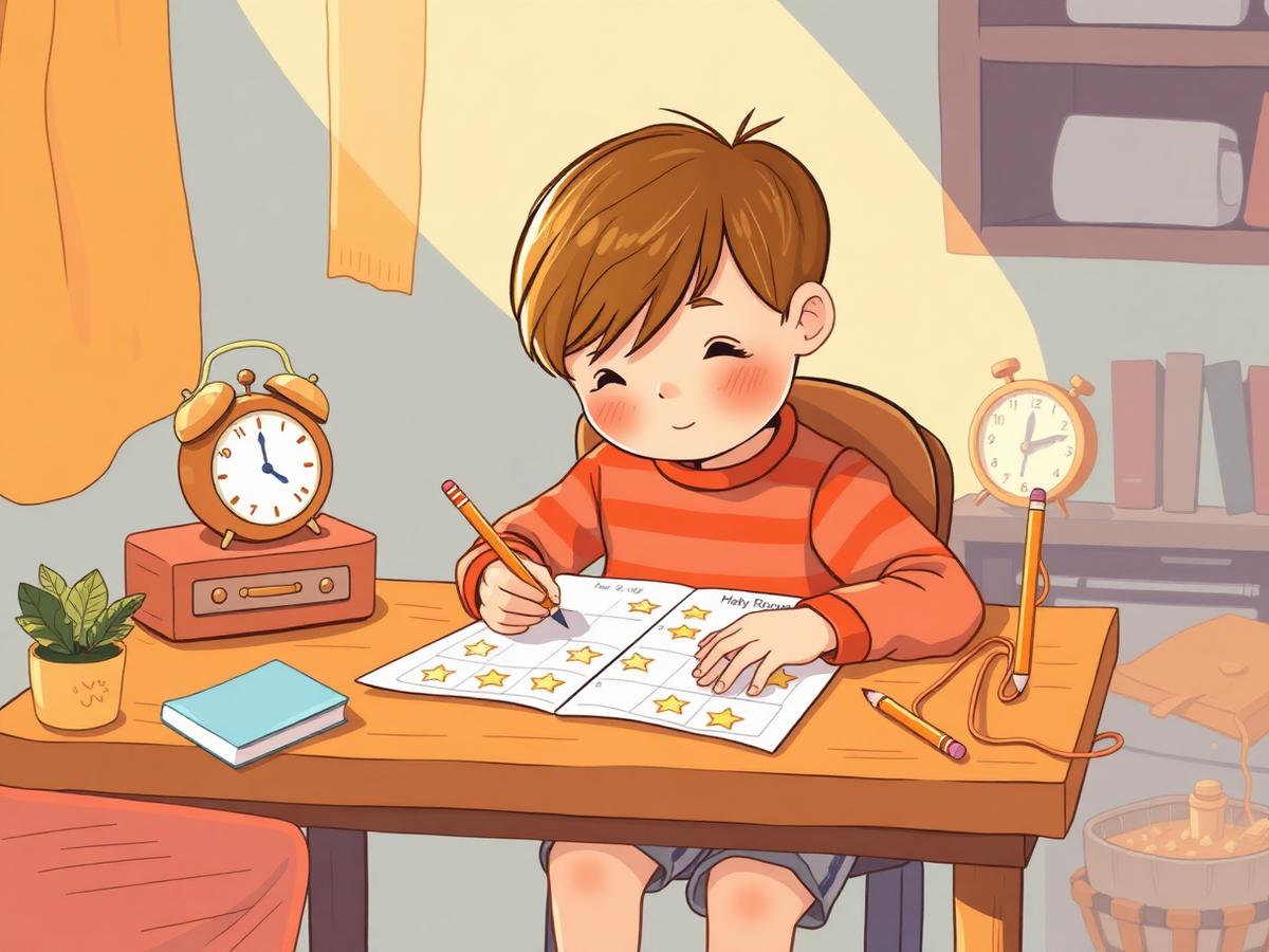 Niño completando su planner de rutinas con estrellas del Kit TDAH Kids