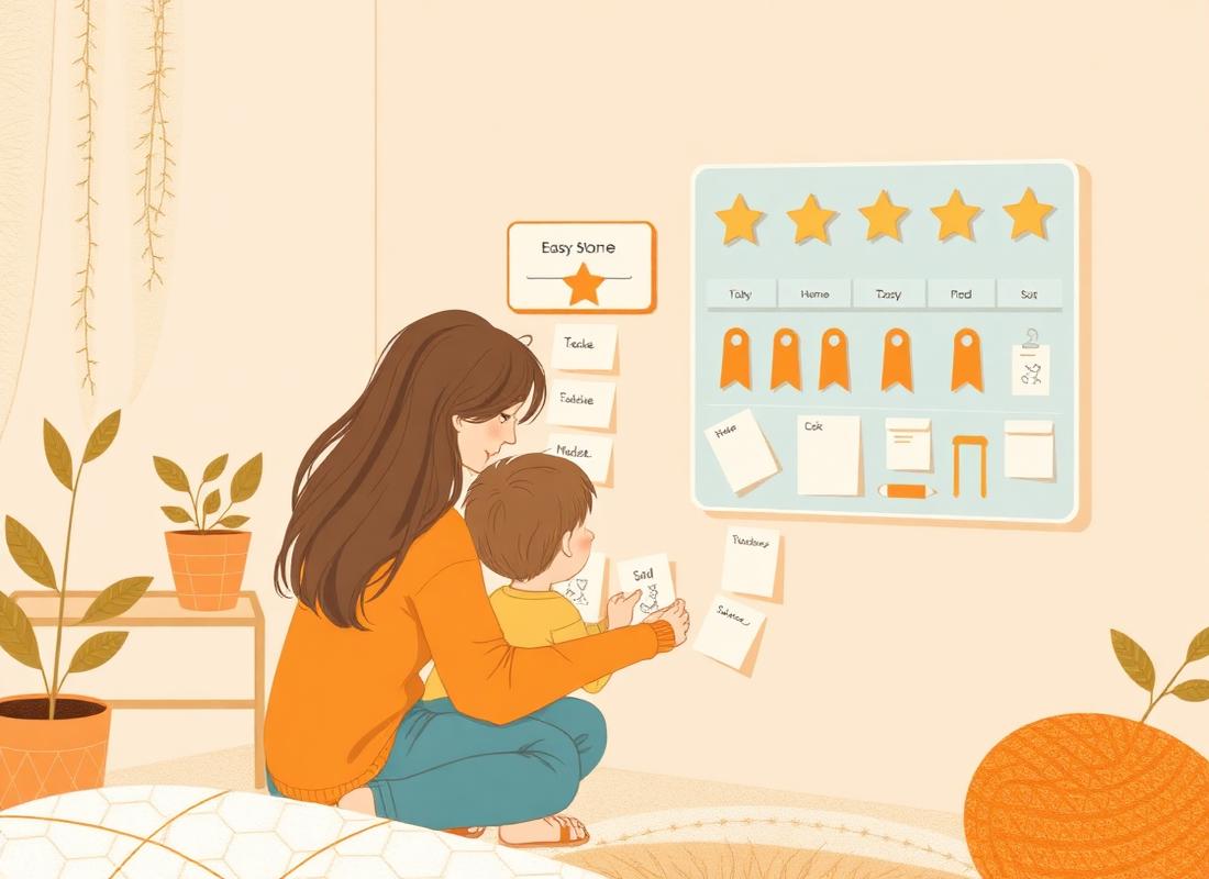 Madre e hijo organizando el tablero visual de rutinas del Kit TDAH Kids